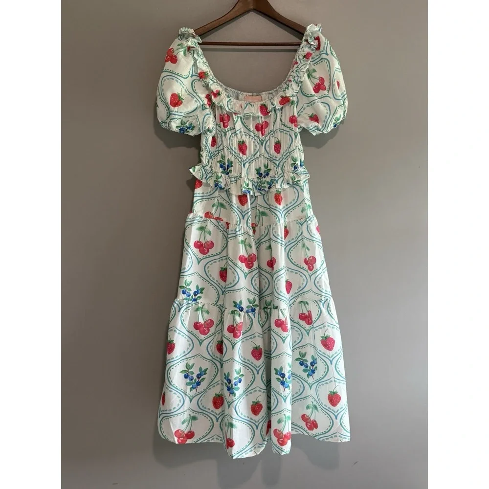 Us Together Fruit Print Maxi Dress Smocked Tiered Cherry Strawberry Blueberry Lg - Picture 3 of 15